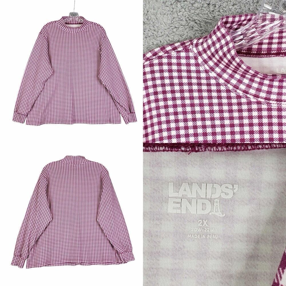 Lands End Shirt Women’s Plus Size 2X Mock Neck Purple Magenta Long Sleeve Plaid